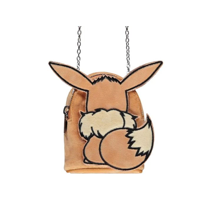 Eevee skuldertaske i plys med broderet ansigt og ører – sød Pokémon-stil til børn og fans.