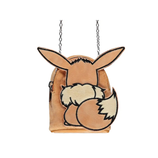 Eevee skuldertaske i plys med broderet ansigt og ører – sød Pokémon-stil til børn og fans.