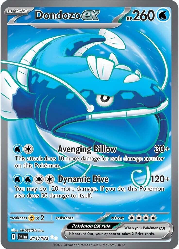 Dondozo ex er et Ultra Rare / Secret Rare kort fra Pokemon SV10 Destined Rivals serien. Kortet har nummer 211/182.