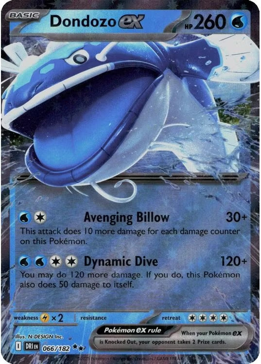 Dondozo ex er et Double Rare / Super Rare ex kort fra Pokemon SV10 Destined Rivals serien.

Kortet har nummer 66/182.

Kortet er i god stand (Near Mint eller bedre).