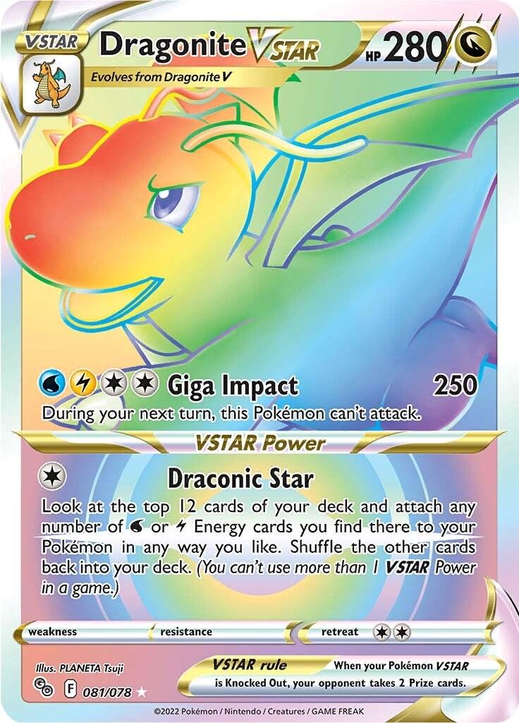 Dragonite VSTAR er et Secret Rare kort fra SWSH Pokemon GO TCG serien. Kortet har nummer 081/078. Kortet er i god stand (NM eller bedre).