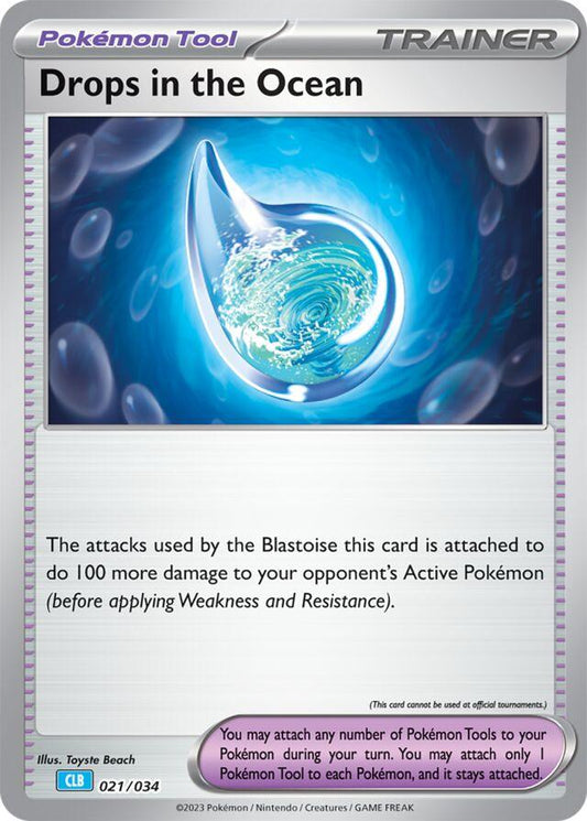 Drops in the Ocean 021/034 Trainer-kort fra Pokémon TCG Classic Blastoise Deck, med holografisk artwork af dybt hav og lysstråler, der bryder gennem det mørke vand.