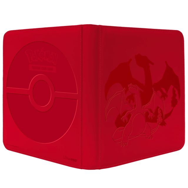Elite Series Charizard PRO-Binder med 12 sidelæssende lommer pr. side, rød læderomslag med folieprint og lynlås. Opbevarer op til 480 Pokémon-kort.