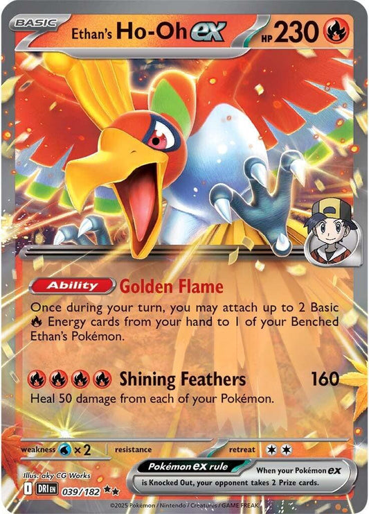 Ethan’s Ho-Oh ex er et Double Rare / Super Rare ex kort fra Pokemon SV10 Destined Rivals serien. Kortet har nummer 039/182. Kortet er i god stand (Near Mint eller bedre).