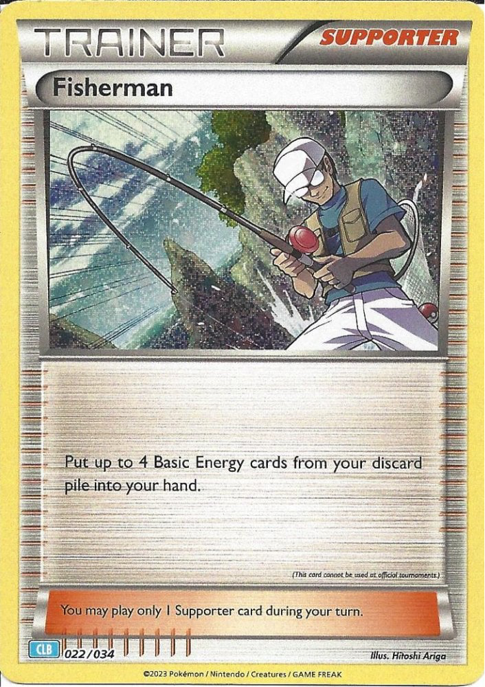 Fisherman 022/034 Trainer card from the 2023 Pokémon TCG Classic Blastoise Deck, featuring a fisherman character casting a line with a scenic water background.