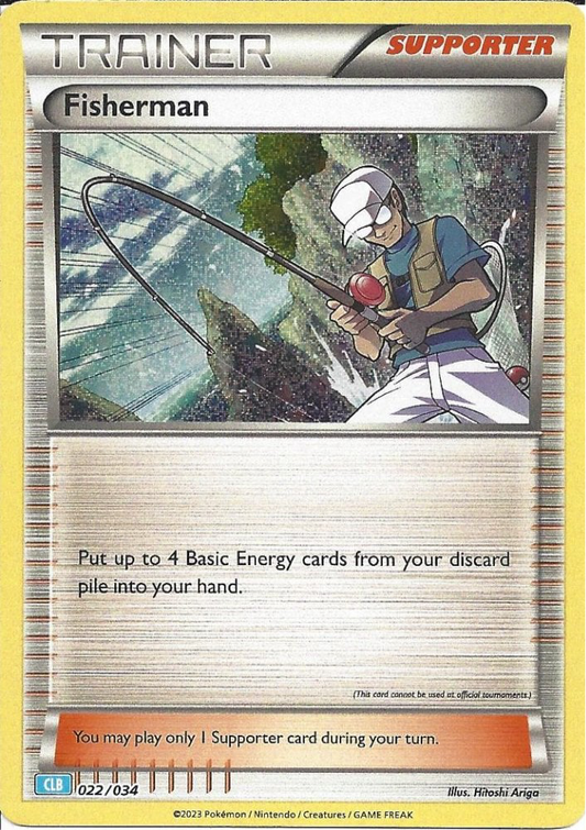 Fisherman 022/034 Trainer card from the 2023 Pokémon TCG Classic Blastoise Deck, featuring a fisherman character casting a line with a scenic water background.