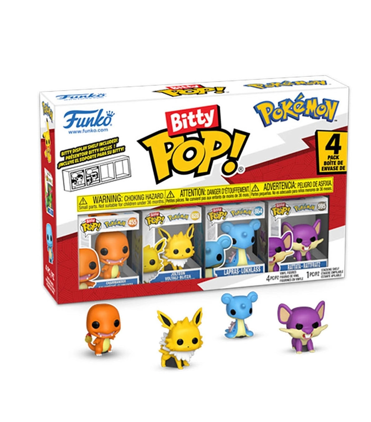 Et sæt med 4 mini POP!-figurer (Serie 2): Charmander, Jolteon, Lapras and Rattata. 