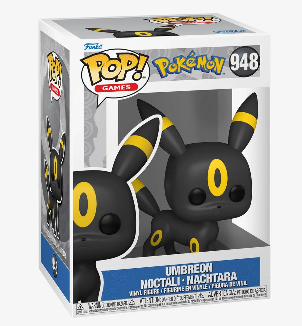 Funko POP! vinylfigur af Umbreon fra Pokémon, model #948, med karakteristisk sort og gul farve, stående i original emballage.