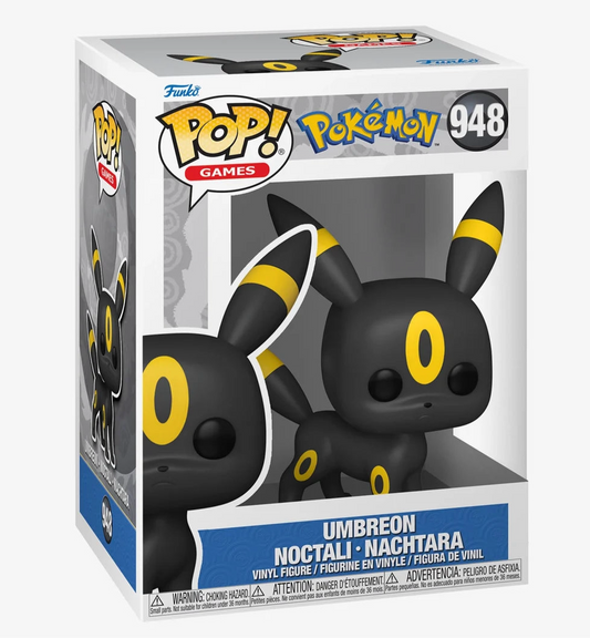 Funko POP! vinylfigur af Umbreon fra Pokémon, model #948, med karakteristisk sort og gul farve, stående i original emballage.