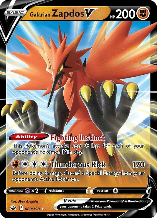 Galarian Zapdos V er et Super Rare V kort fra Pokemon SWSH Chilling Reign serien.