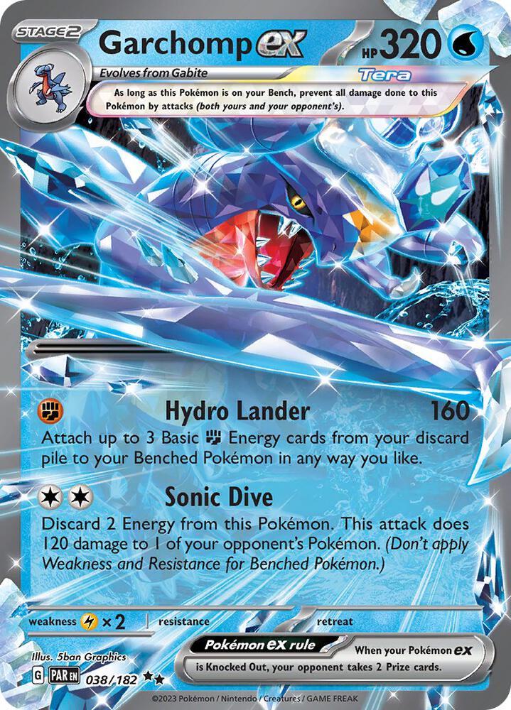 Garchomp ex er et Double Rare / Super Rare ex (SV) kort fra Pokemon SV04 Paradox Rift serien. Kortet har nummer 038/182. Kortet er i en god stand.