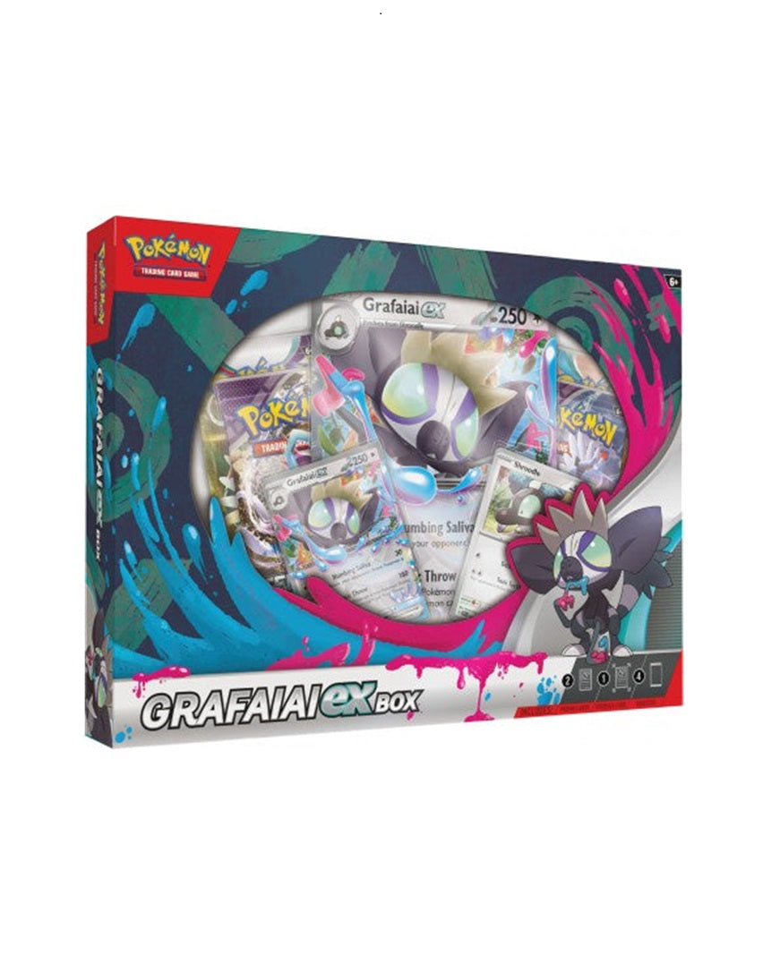 Pokémon Grafaiai ex Box 2024 med Grafaiai ex promo-kort og flere boosterpakker i flot emballage.