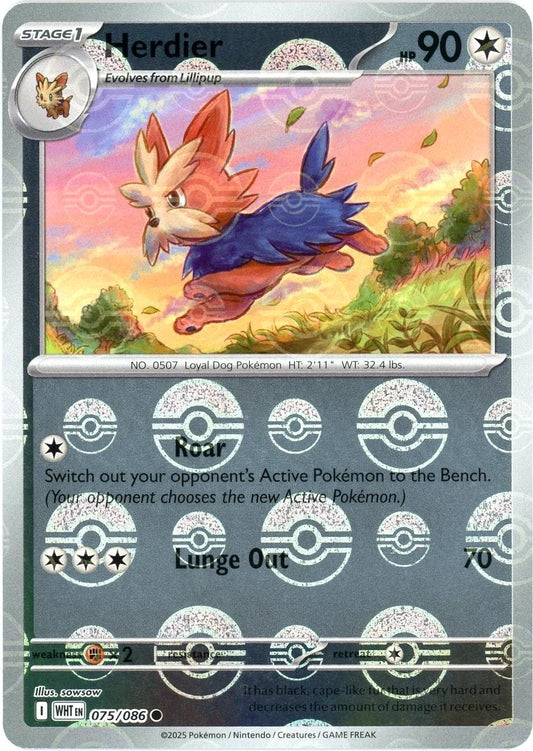 Herdier 075/086 holo pokeball er et kort fra Pokemon SV10.5 White Flare serien.