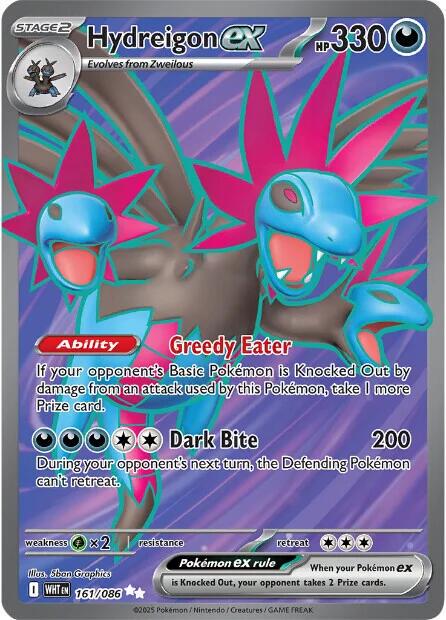 Hydreigon Ex er Ultra Rare kort fra Pokemon Scarlet & Violet White Flare (SV10.5) serien. Kortet har nummer 161/086.