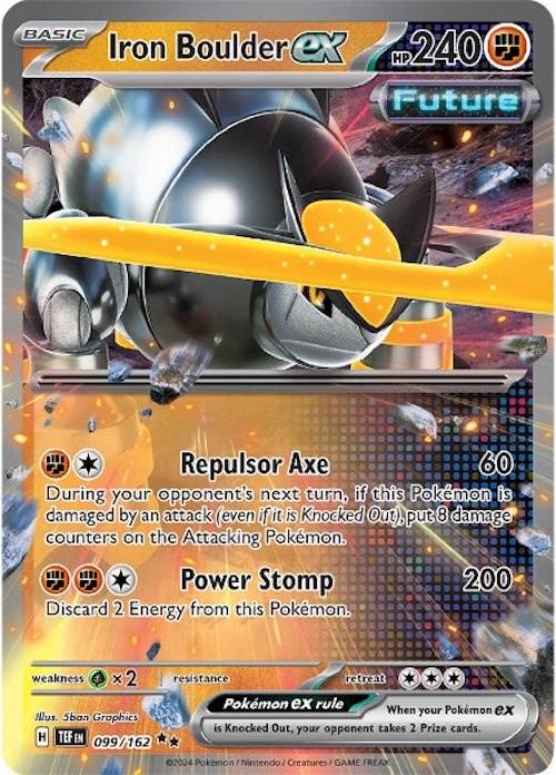 Iron Boulder ex er et Double Rare / Super Rare ex kort fra Pokemon SV05 Temporal Forces serien. Kortet har nummer 099/162.