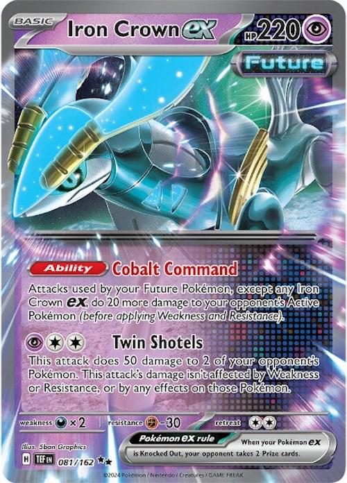 Iron Crown ex er et Double Rare / Super Rare ex kort fra Pokemon SV05 Temporal Forces serien. Kortet har nummer 081/162.
