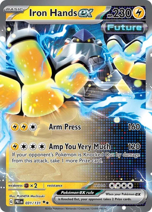 Iron Hands ex er et Double Rare / Super Rare ex kort fra SV08.5 Prismatic Evolutions serien. Kortet har nummer 031/131.