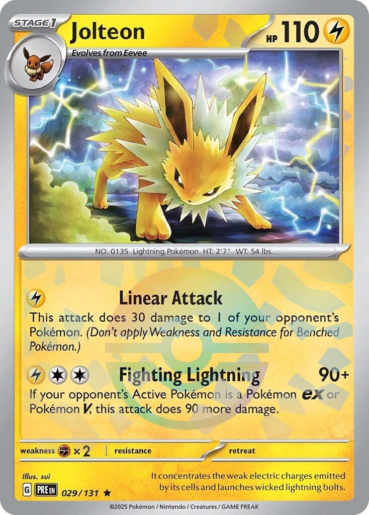 Jotleon er et Rare kort fra Pokemon SV08.5 Prismatic Evolution serien. Kortet har nummer 029/131.