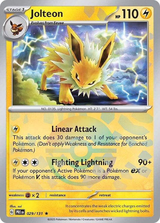 Jotleon er et Rare kort fra Pokemon SV08.5 Prismatic Evolution serien. Kortet har nummer 029/131.