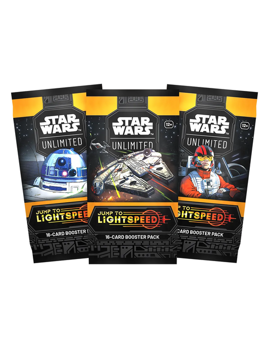 Star Wars: Unlimited Jump to Lightspeed Booster Pack med 16 kort, inkl. sjældne og legendariske kort, perfekt til spændende dueller.