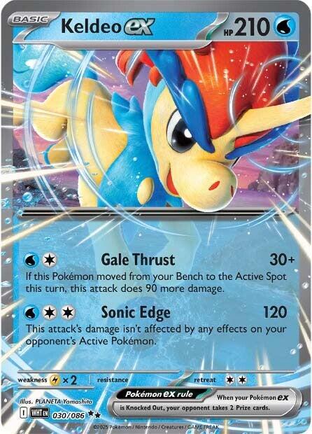 Keldeo ex er et Double Rare / Super Rare kort fra Pokemon SV10.5 White Flare serien. Kortet har nummer 030/086. 
 