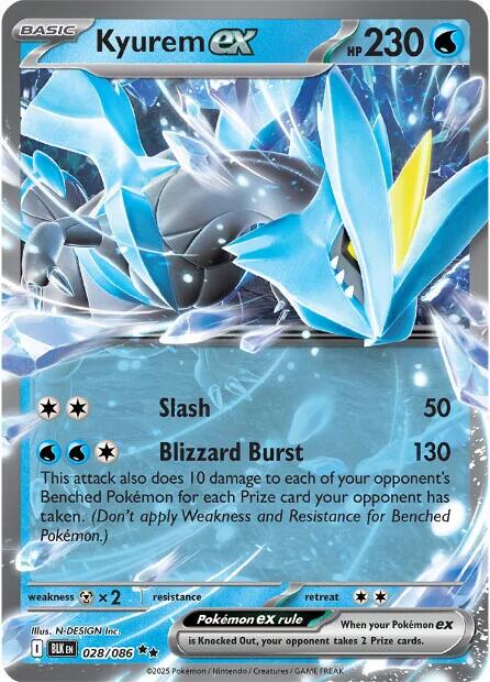 Kyurem ex er et Double Rare / Super Rare ex kort fra Pokemon SV10.5 Black Bolt serien. Kortet har nummer 028/086.