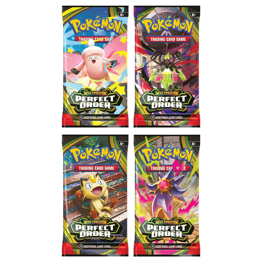 Billede af Pokémon TCG: Perfect Order Booster Pack Art Sæt med alle fire motiver: Mega Zygarde, Mega Starmie, Mega Clefable og Meowth.