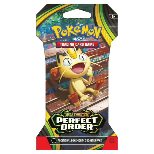Billede af Pokémon TCG: Mega Evolution — Perfect Order Sleeved Booster Pack Mew med 10 kort, 1 Energy og TCG Live‑kodekort.