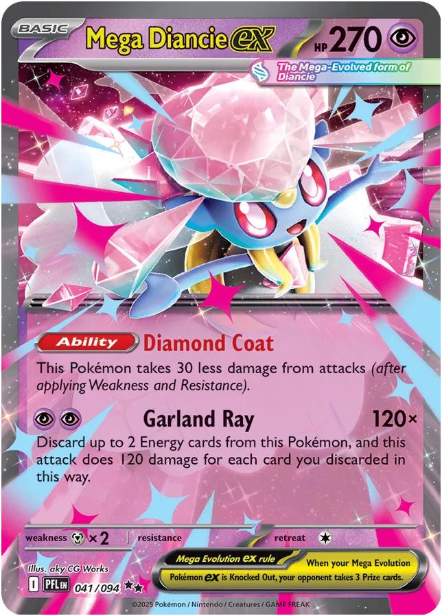 Mega Diancie ex er et Double Rare / Super Rare kort fra Pokemon ME02 Phantasmal Flames serien. Kortet har nummer 041/094.