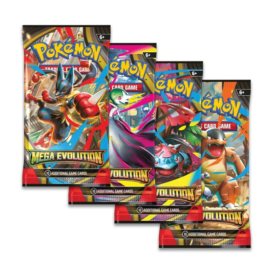 Du får 4 Pokemon TCG booster-pakker med 4 forskellige motiver. 