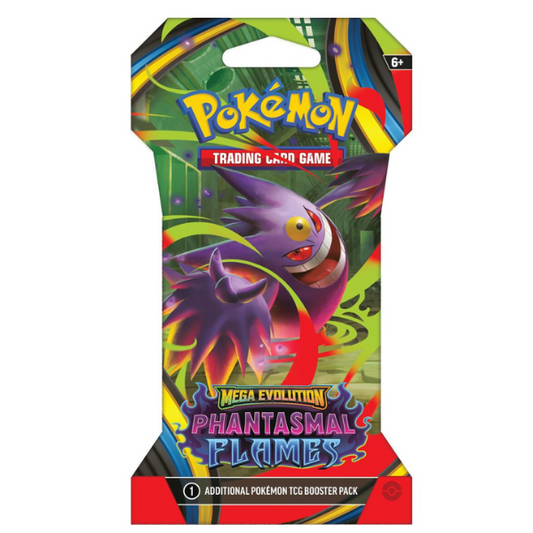 Mega Evolution Sleeved Booster Pack Phantasmal Flames serien er en enkelt boosterpakke med 10 kort, skabt til både Pokemon samlere og spillere.