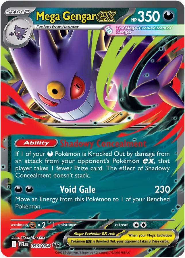 Mega Gengar ex er et Double Rare / Super Rare ex kort fra Pokemon ME02 Phantasmal Flames serien. Kortet har nummer 056/094.