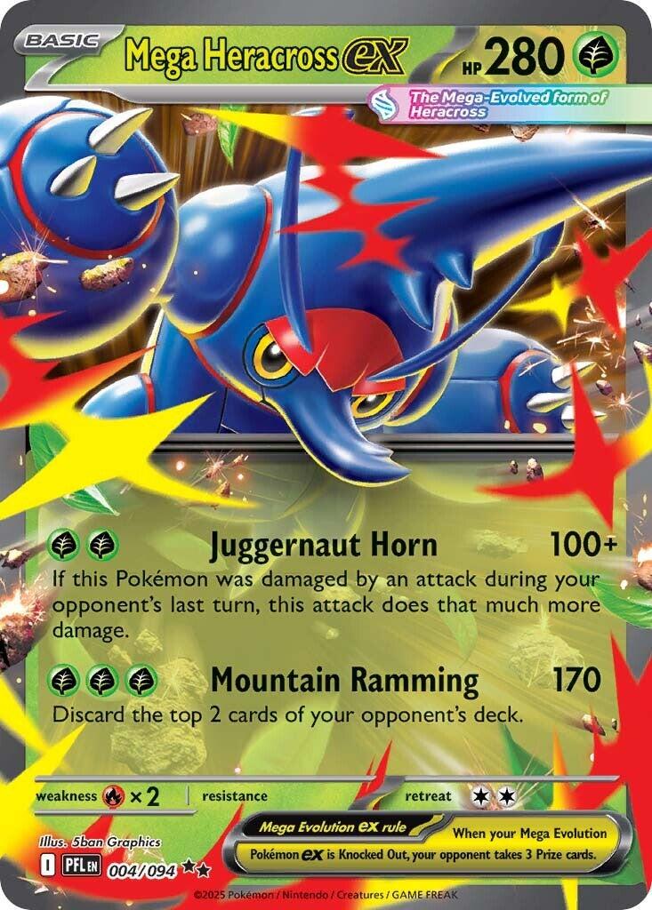 Mega Heracross ex er et Double Rare / Super Rare ex kort fra Pokemon ME02 Phantasmal Flames serien. Kortet har nummer 004/094.
