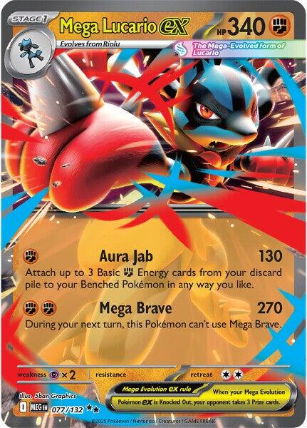Mega Lucario ex er et Double Rare / Super Rare ex (SV) kort fra Pokemon ME01 Mega Evolution serien. Kortet har nummer 077/132.