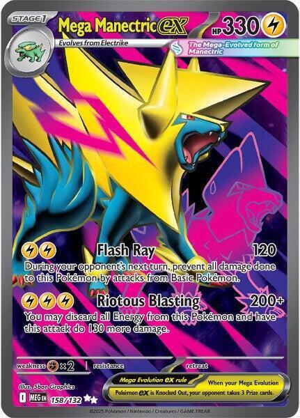 Mega Manectric ex er et Ultra Rare / Secret Rare kort fra Pokemon ME01 Mega Evolution serien. Kortet har nummer 158/132.