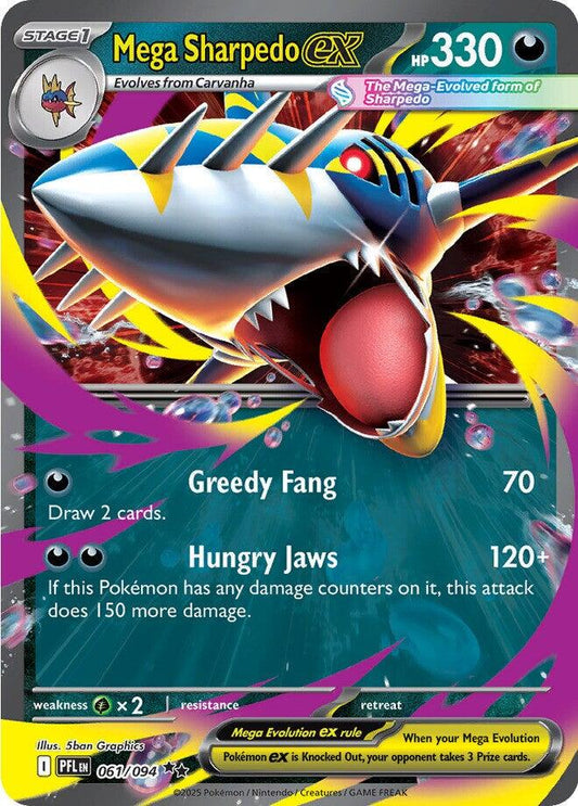 Mega Sharpedo ex er et Double Rare / Super Rare kort fra Pokemon ME02 Phantasmal Flames serien. Kortet har nummer 061/094.