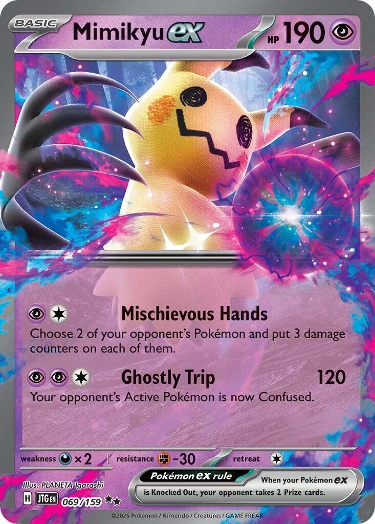 Mimikyu ex er et Double Rare / Super Rare ex (SV) kort fra Pokemon SV09 Journey Together serien. Kortet har nummer 069/159.