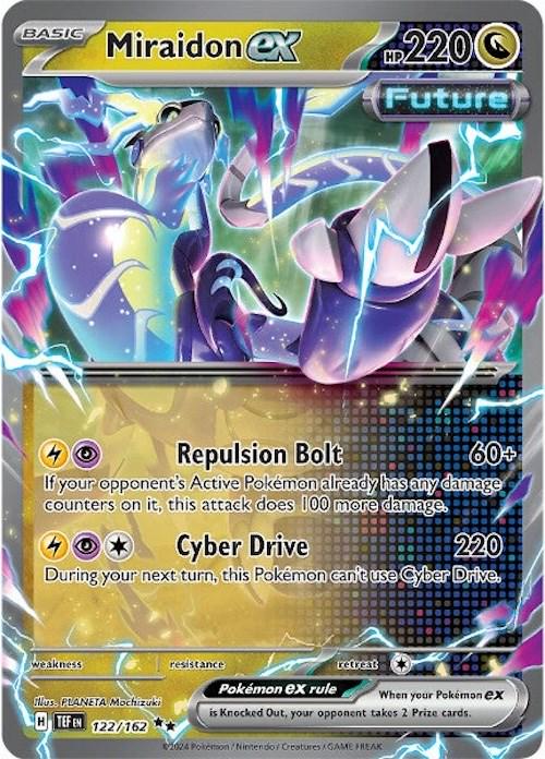 Miraidon ex er et Double Rare / Super Rare ex kort fra Pokemon SV05 Temporal Forces serien. Kortet har nummer 122/162