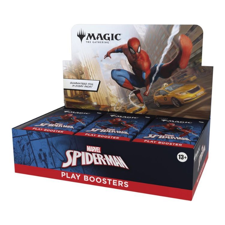 Marvel's Spider-Man – Magic: The Gathering Play Booster Display med 30 booster packs i farverig emballage med superhelte-tema.