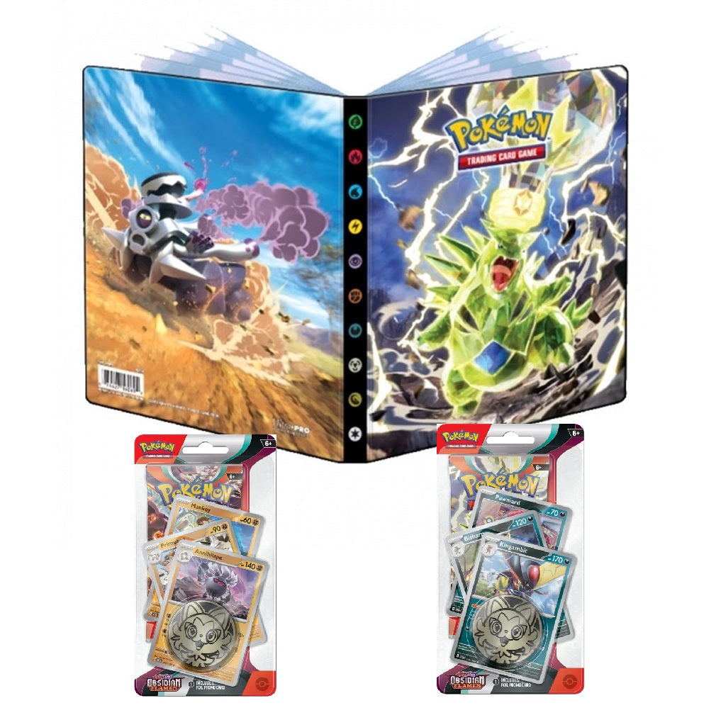 Et sæt med to premium blisters fra Pokémon Scarlet & Violet - Obsidian Flames-serie samt en 4-lommer mappe med motivet fra den samme serie.
