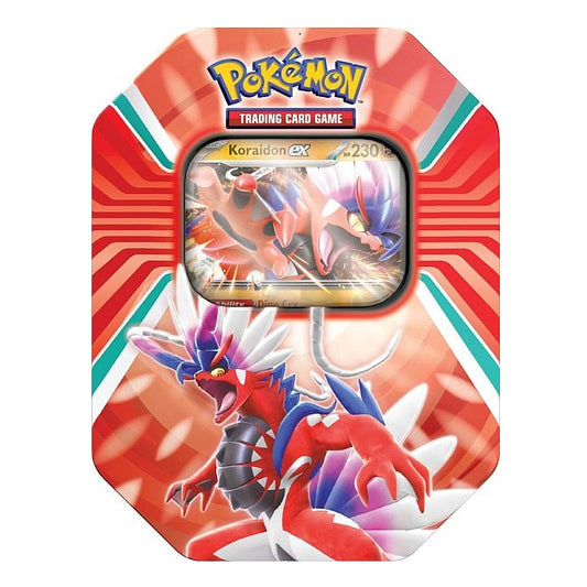 Pokémon TCG Paldea Legends Tin med Koraidon ex promo-kort og flere boosterpakker i flot tin-æske.