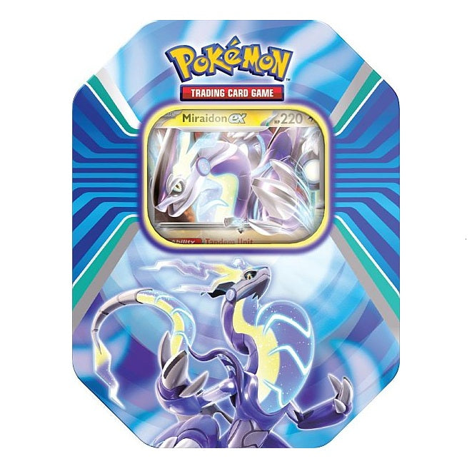 Pokémon TCG Paldea Legends Tin med Miraidon ex promo-kort, 4 boosterpakker og kodekort i flot tin-æske.