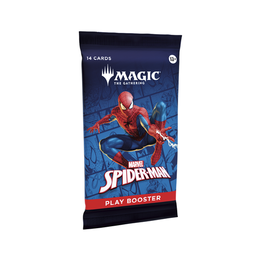 Magic: The Gathering – Marvel's Spider-Man Play Booster Pack med farverigt design og superhelte-tema fra Marvel-universet.