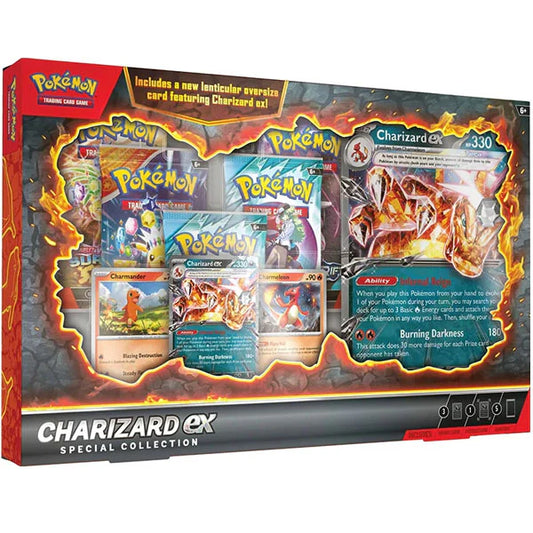 Pokémon TCG Charizard ex Special Collection med foil-kort af Charizard, Charmander og Charmeleon, samt lentikulært jumbo-kort og boosterpakker i en mørk og flammeinspireret gaveæske.