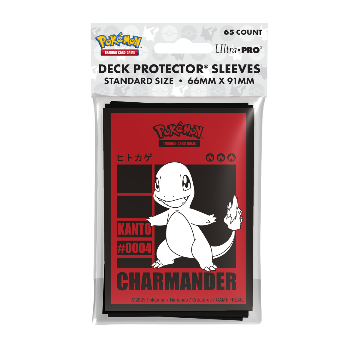 Pokémon Charmander Deck Protector Sleeves, pakke med 65 kortlommer (66x91 mm) med Charmander‑motiv.