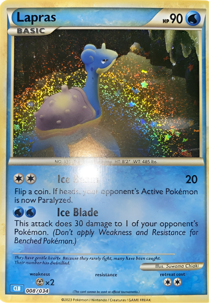 Holografisk Lapras Pokémon-kort 008/034 fra 2023 Classic Blastoise Deck – vandtype med retro artwork og foil-finish.