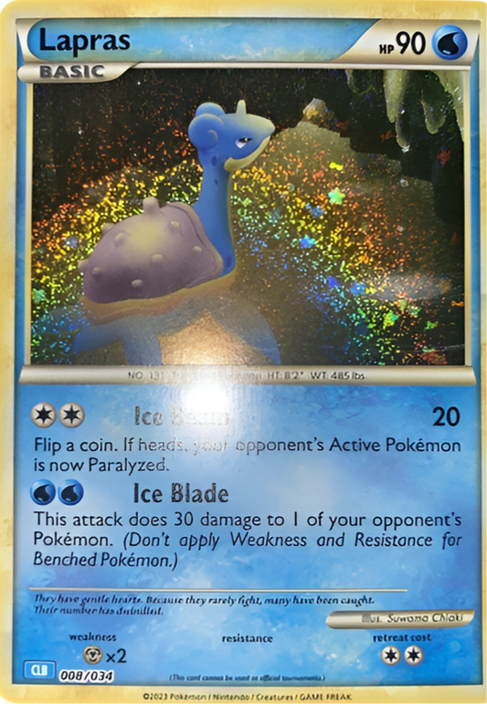 Holografisk Lapras Pokémon-kort 008/034 fra 2023 Classic Blastoise Deck – vandtype med retro artwork og foil-finish.