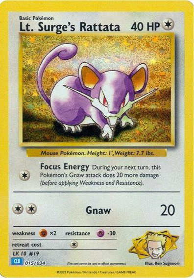 Pokémon TCG Classic-kort af Lt. Surge's Rattata 015/034 fra Blastoise Deck med retroillustration af Rattata i kampklar positur og engelske tekster.