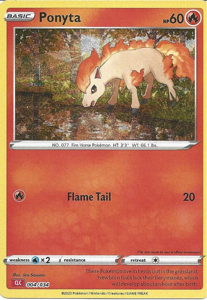 Pokémon TCG Classic-kort af Ponyta 004/034 fra Charizard Deck med retroillustration af Ponyta i galop med flammende manke og engelske tekster.