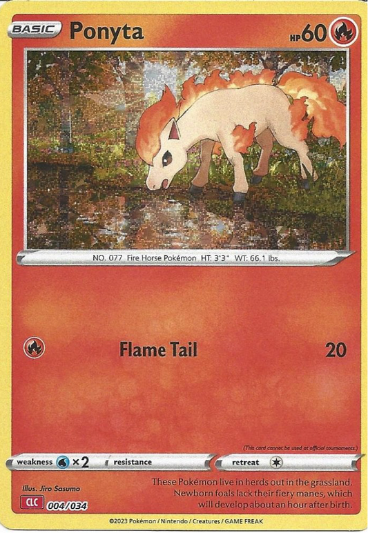 Pokémon TCG Classic-kort af Ponyta 004/034 fra Charizard Deck med retroillustration af Ponyta i galop med flammende manke og engelske tekster.